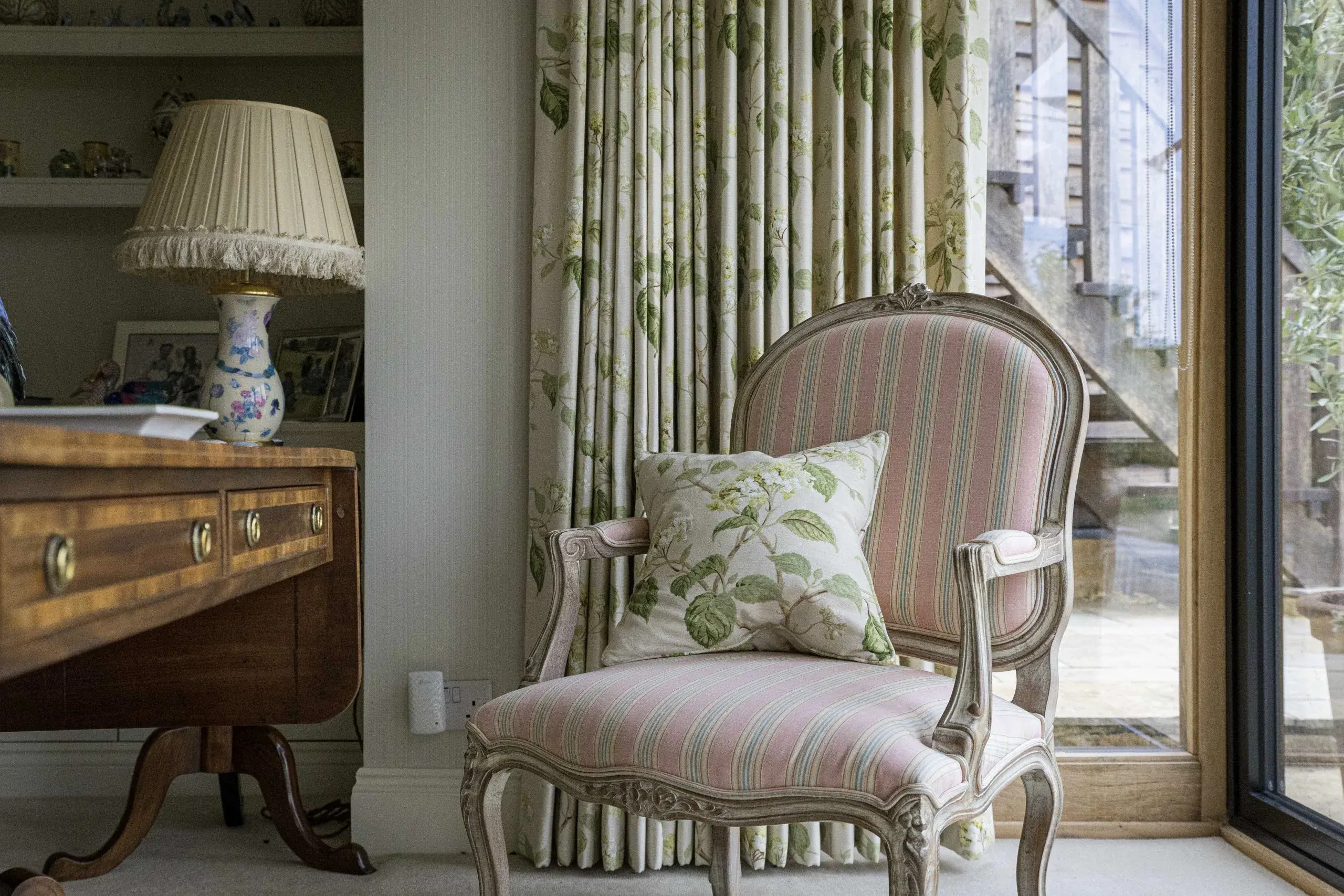 Premium upholstery fabric samples displayed at the Savery's showroom in Broadway, Cotswolds